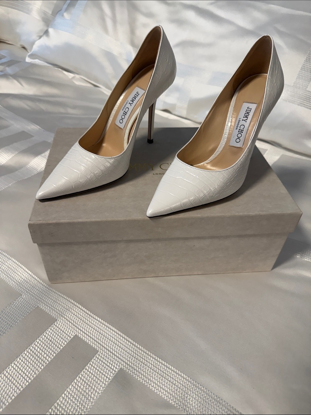 Jimmy Choo White Croc-Embossed Pointed Toe Stilettos